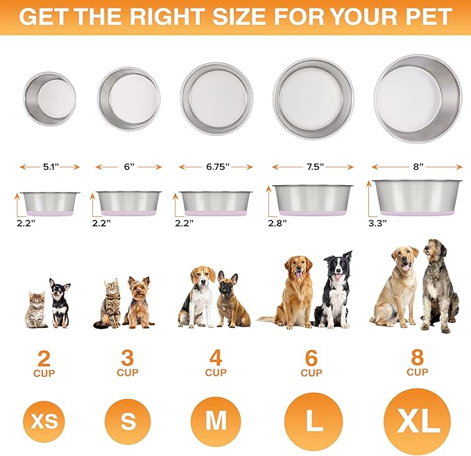 Neater Pet Brands Stainless Steel Dog Bowls with Non-Slip Rubber Bottom – 2 Cup (16 oz), Pink - Set of 2 Heavy Duty Metal Dog Bowls, Dishwasher Safe, Food or Water Bowl, Ideal for Small Dogs & Cats