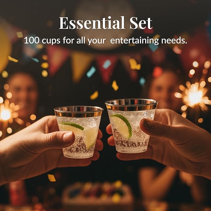 Prestee 100-Pack 9oz Gold Rimmed Plastic Cups Disposable Wine Glasses for Charcuterie, Weddings, Parties, and Events - Elegant Cocktail and Drinking Cups for Champagne, Martini, and Mocktails