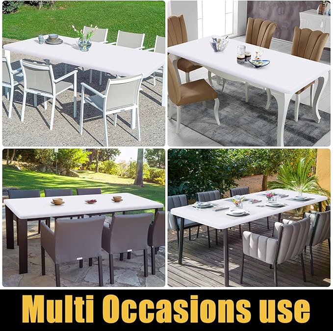 Smiry Rectangle Picnic Table Cloth, Waterproof Elastic Fitted Tablecloths for 8 Foot Tables, Washable Polyester Table Cover for Camping, Indoor and Outdoor (White, 30"x96")