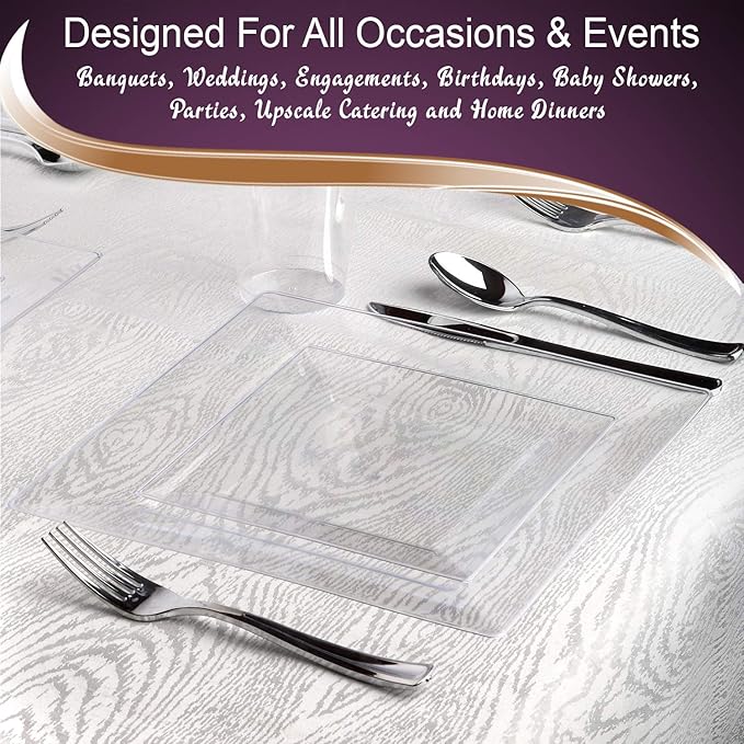 Kaya Collection - Clear Square 10.75" Dinner Plates - Fancy Disposable - Deluxe Quality - Hard Plastic - For Party’s And Weddings (120 Count)