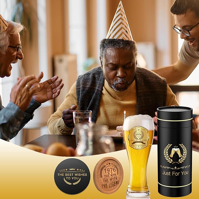50th Birthday Beer Glasses Gifts, Personalized '1976' Vintage Glass Ware Set for Men, Black Gift Package with Drinking Glass, Coaster, and Card for 50 Years Old Man