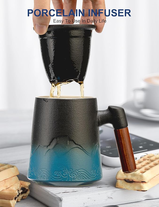 suyika Tea Cup with Infuser and Lid, 15.2 Ounce Wood Handle Ceramic Loose Leaf - Image 5