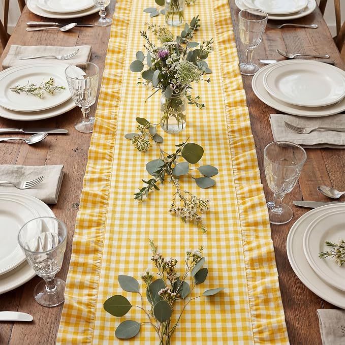 HunnmingRe 1 Pc Gingham Table Runner Yellow, 72 X 13.8 Inch | Cotton Dresser - Image 3