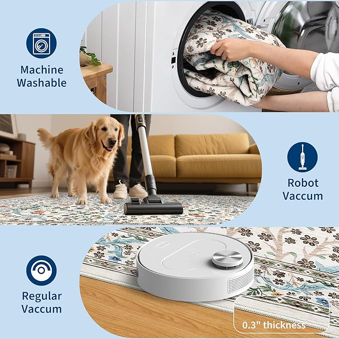 GarveeHome Washable Kitchen Runner Rug, Floral 2x6 Rug for Hallway Non Slip Stain Resistant, Ultra-Thin Boho Soft Hallway Rug for Entryway, Laundry Room Floor Mat, Beige