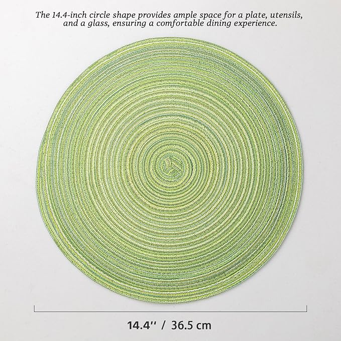 Round Placemats Set of 6 Woven Placemats Washable Braided Table Mats for Dining Table Heat Resistant Non-Slip Circle Place Mats(Green)