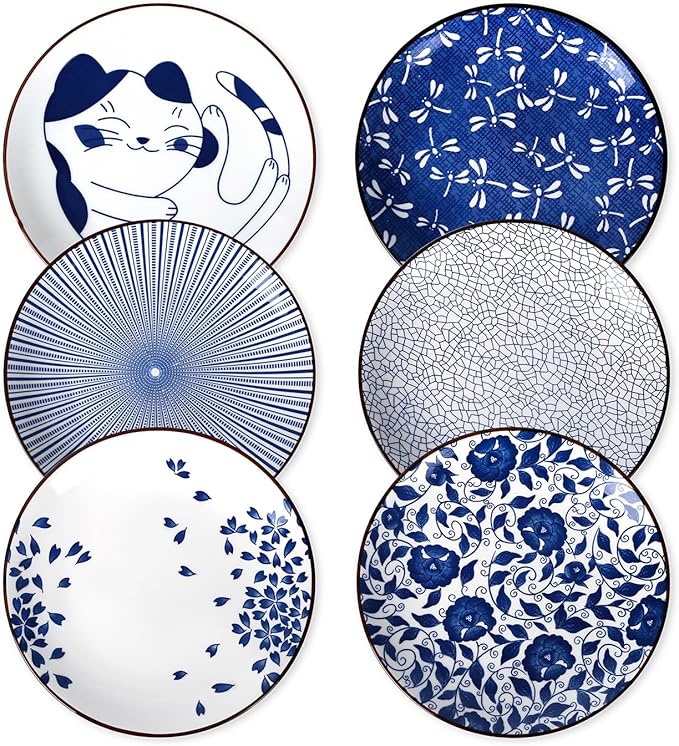 Selamica 8 Inch Ceramic Dessert Plates, Appetizer Plates for Serving Snacks Pasta, Microwave Dishwasher Safe, Set of 6, Blue