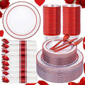 Ciaell 350 PCS Clear and Red Plastic Plates – Red Dinnerware Set for 50 Guests Include 100 Plastic Plates, 50 Pre Rolled Napkins with Cutlery Set, 50 Cups for Wedding & Party & Anniversary