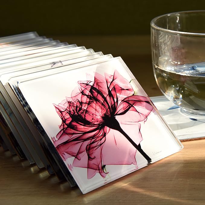 Empire Art Direct Flower Coasters for Drinks for Tabletop Protection Drink Coasters Set Glass Floral Sets of 12 with Cork Bottom by Albert Koetsier B1