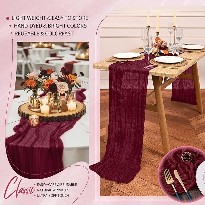 Showgeous 2 Pack Burgundy Cheesecloth Table Runners Boho Wedding Decor | Rustic - Image 5