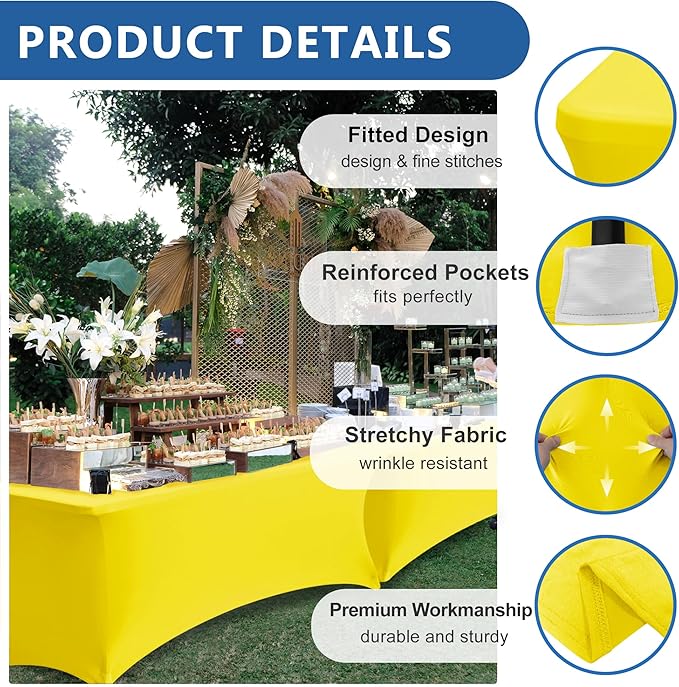 Fitted Stretch Table Cover for 6 Foot Rectangle Tables-6 Pack Yellow Spandex Tablecloth-Elastic Folding Tablecloths for Party, Vendor Booth Display, Banquet Buffet Event, Craft Trade Show