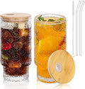 Vintage Glass Cups With Bamboo Lids And Straws 16 Oz, Vintage Tumbler Embossed by Elitrivox