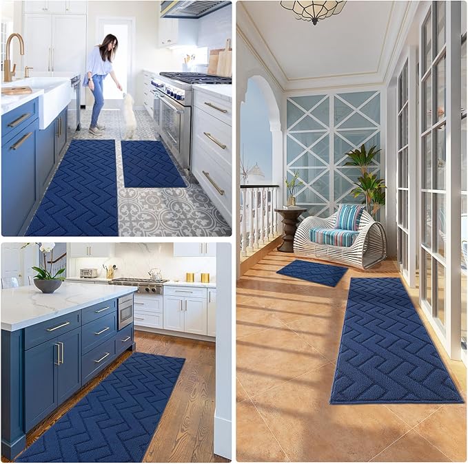 hicorfe Kitchen Rugs and Mats Sets,2 Pieces Super Absorbent Polypropylene Non-Slip Rug,Soft Comfort Floor Mat,Washable for Kitchen,Hallway,Office,Sink,Laundry(24" x 35"+24" x 35",Navy Blue)