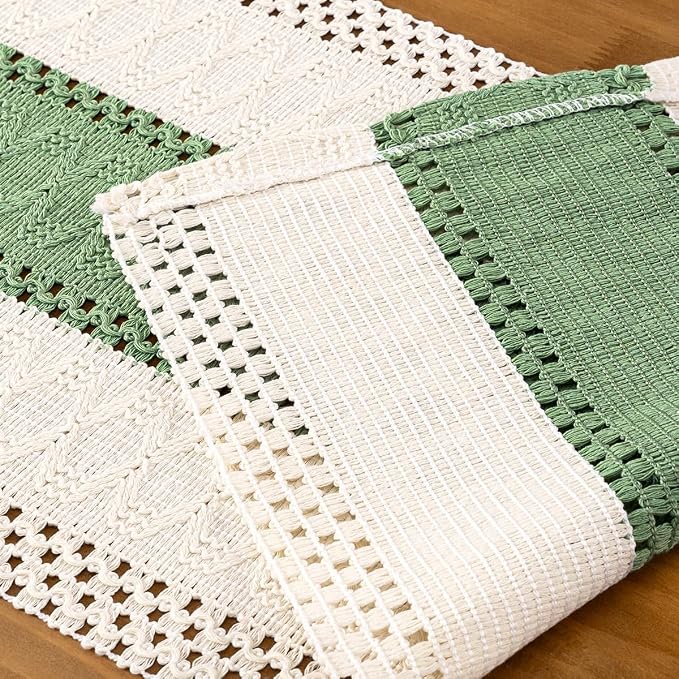 Ivory & Sage Boho Table Runner Macrame Woven Table Runner 12x90 Inch | Small - Image 5