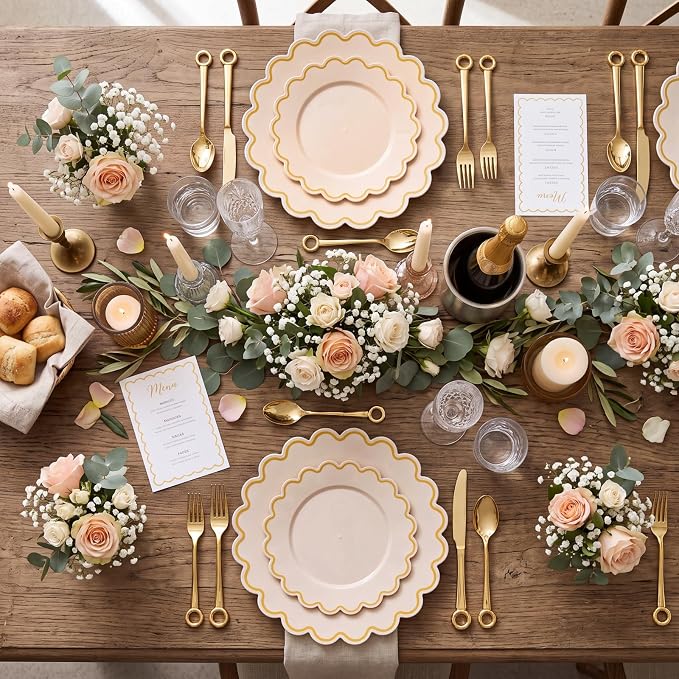 LIYH 100 Pcs Pink Plastic Plates Set, Wide Gold Scalloped Edge - Image 4