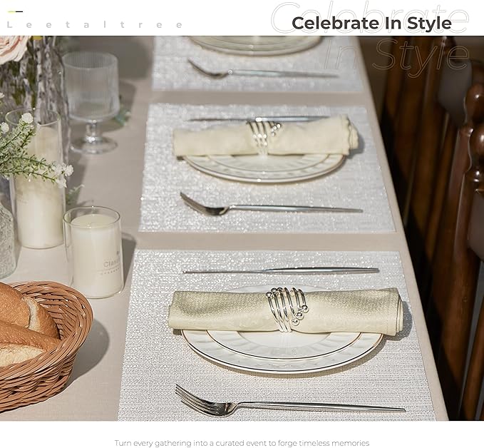 Leetaltree Luxury White and Silver Woven Placemats Set of 6 - Waterproof Washable Textured Table Mats for Wedding, Anniversary, Daily Use - Sparkling Metallic Thread Table Decor - Hand-Cut
