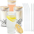 Glass Cups with Lids and Straws 16 oz Ribbed Drinking Glasses Set | Vintage by ICESIP