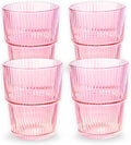 Pink Ribbed Drinking Glasses, 14 fl oz Glass Cups Set of 4 | Aesthetic Style by ElementLabs
