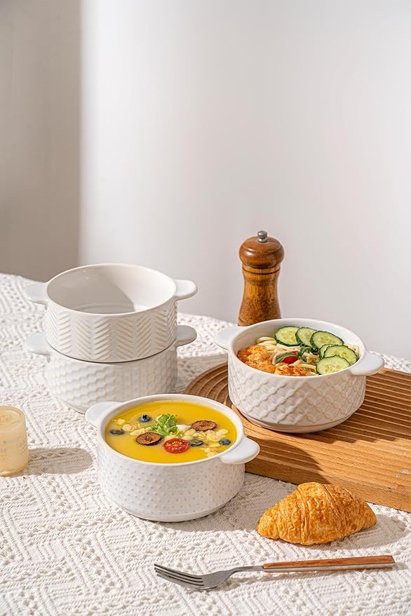 Soup Bowls with Handles, 20oz Embossed Ceramic Bowl Set of 4 – Oven & Microwave Safe, Ideal for Stew, Chili, Cereal – Textured Deep Bowls for Everyday Comfort