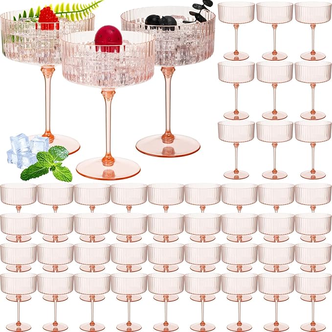 48 Pcs Ribbed Martini Glasses 10 oz Disposable Plastic Vintage Ribbed Coupe Glasses Unbreakable Dessert Parfait Glassware for Wedding Birthday Party Supplies (Champagne Powder)