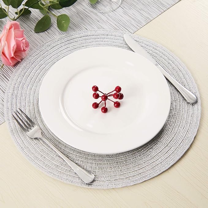 SHACOS Christmas Silver Glitter Round Placemats Set of 6 Sparkle Bling Place Mats Glitz Table Mats for Holiday Home Party Wedding Festive Table Decoration (6, Silver)