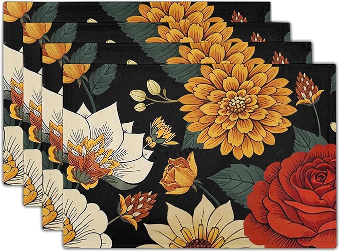 Boho Placemats Set of 4 - Floral Place Mats 12x18 Vintage Flower Table Mats Bohemian Kitchen Mats for Party Dining Table