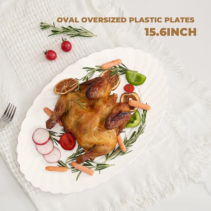 U-QE 25 Count Ivory Christmas Plastic Plates - 15.6 inch Oval Plates Disposable Plates Heavy Duty For Big Eaters, Ivory Disposable Platters Ideal for Christmas, Party, Picnic and Weddings