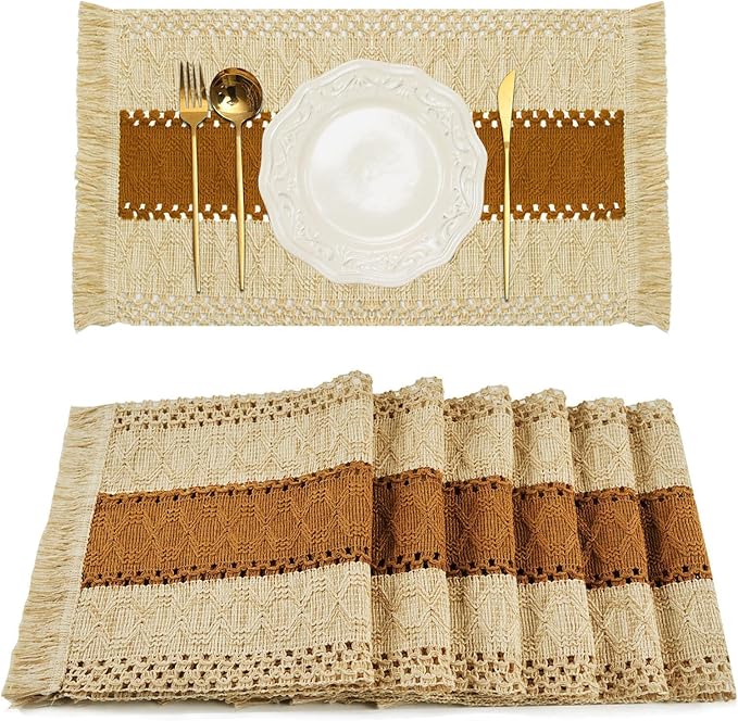 Boho Placemats Set of 6 Table Mats Farmhouse Dining Decor Caramel | 12x20" by FEXIA