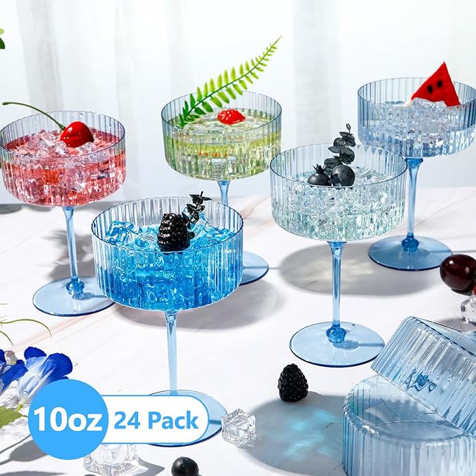 24 Pcs Ribbed Martini Glasses 10 oz Disposable Plastic Vintage Ribbed Coupe Glasses Unbreakable Dessert Parfait Glassware for Wedding Birthday Party Supplies (Blue)