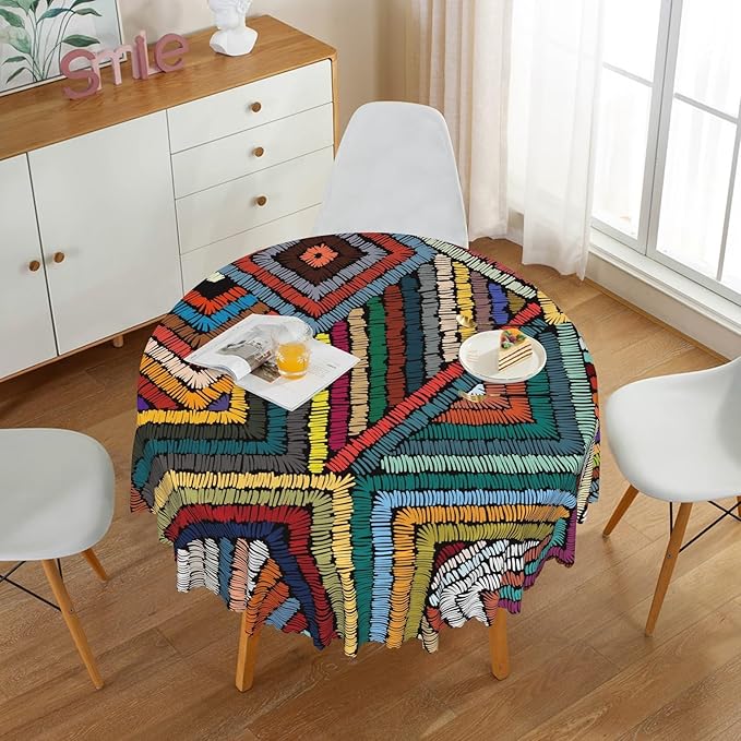 Laeacco 60 Inch Colorful Patchwork Round Tablecloth Woven Geometric Pattern Abstract Art Print Table Cloth Washable Waterproof Wrinkle Free Table Cover for Kitchen Dining Picnic Party Decoration