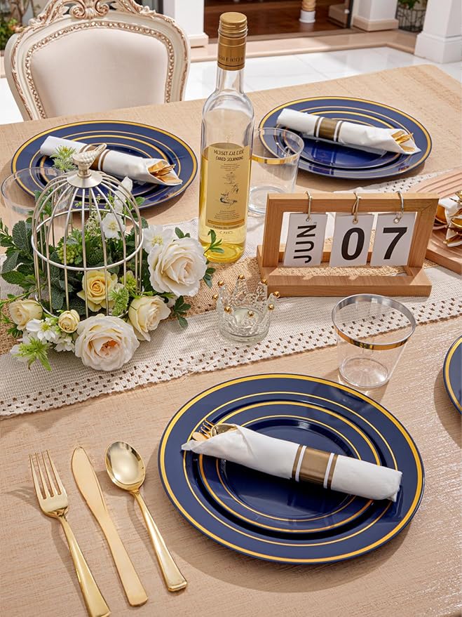 350PCS Navy Blue and Gold Plastic Plates with Rolled Napkins Include Dinner Plate 10’’, Dessert Plate 7’’, gold Cups 9 OZ, Pre Rolled Napkins 25 of each type for Party/Birthday/Wedding