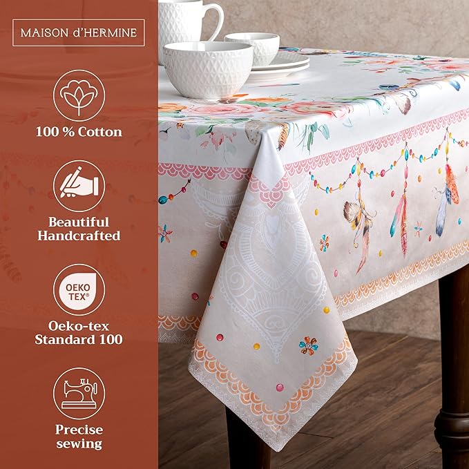 Maison d' Hermine Table Cloth Rectangle Table 100% Cotton 60 x 120 Inches Tablecloth Reusable Decorative for Dining Room Farmhouse Home Valentines Day Decorations Spring Summer - Ibiza - Beige