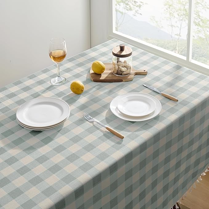 Softalker Checkered Tablecloth Rectangle, Outdoor Linen Cotton Gingham Table Cloth with Tassel, Heavy Duty Wrinkle Free Buffalo Plaid Table Cover for Kitchen Dining Home Party - 55 x 70 Inch, Aqua