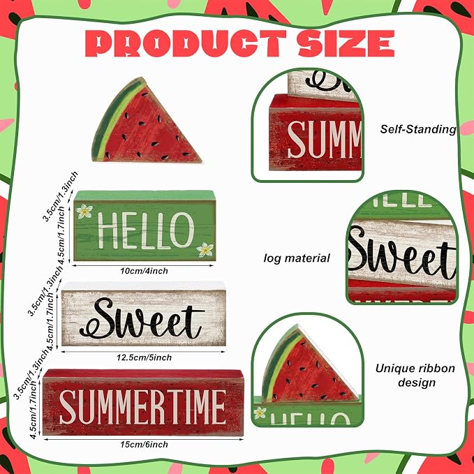 Moucuny 4 Pcs Summer Wooden Table Decor Watermelon Tiered Tray Decor Farmhouse - Image 3