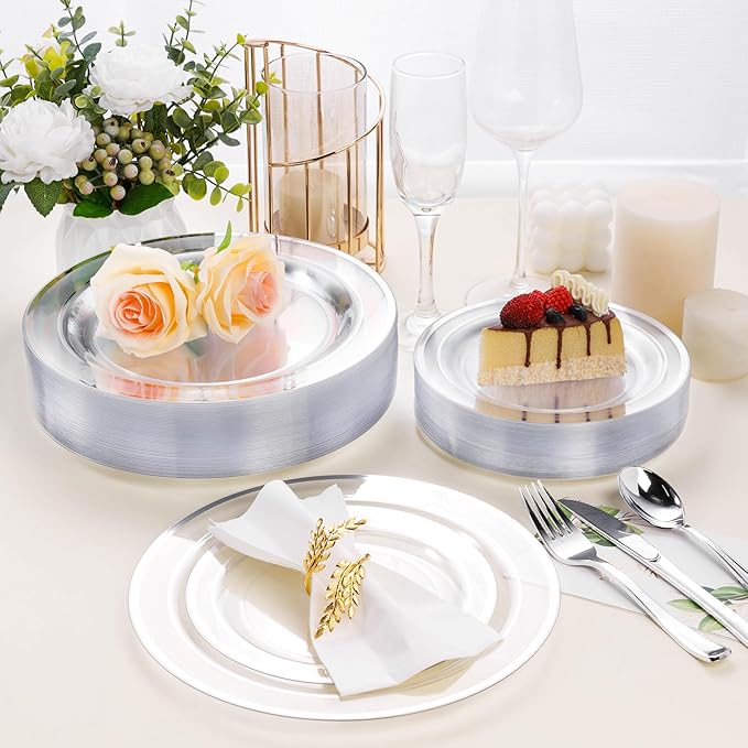 BESTSTAR 100PCS Clear Plastic Plates for Party, 10.25 Inch Disposable Plates with Silver Rim, Heavy Duty Dinner Plates for Christmas, Wedding and Birthday