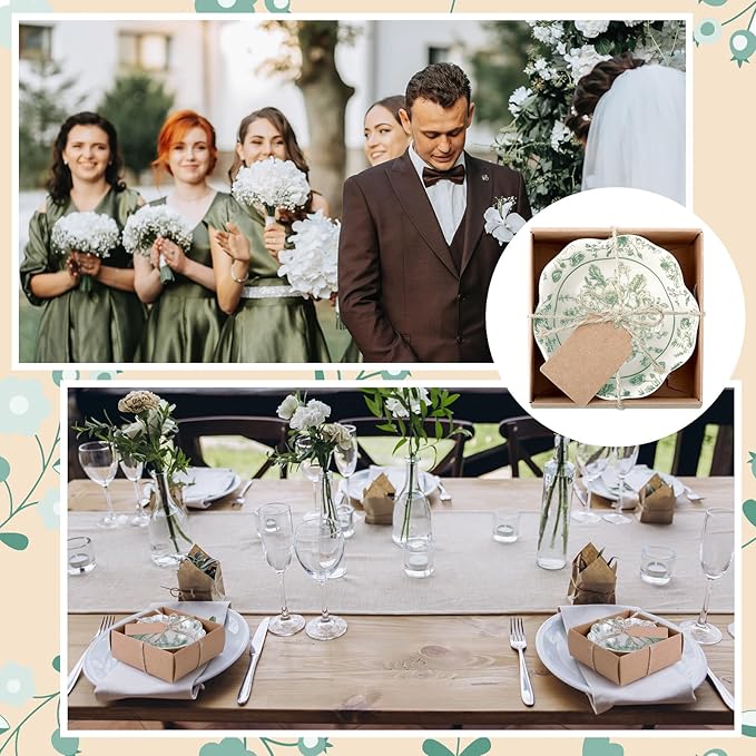 12 Pcs Wedding Favors for Guests Small Ceramic Bowl Bulk Gifts Set 3.3 Inch Floral Design Mini Dipping Sauce Dish with Card Box for Bridal Pooja Baby Shower Birthday Guest Gift (Sage Green)