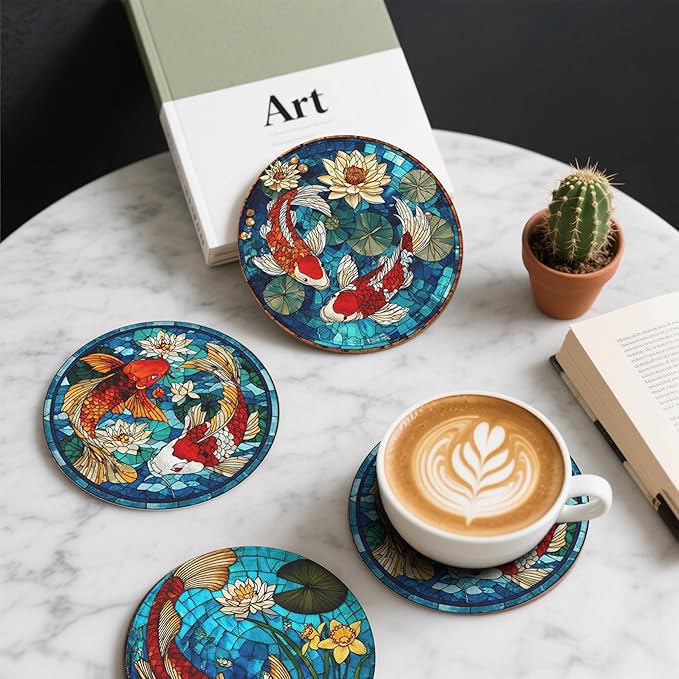 Fish Coasters Leather Round Drink Coasters 6 Pcs Set with Holderor for Cup Drink Coffee Table Bar Home Decor