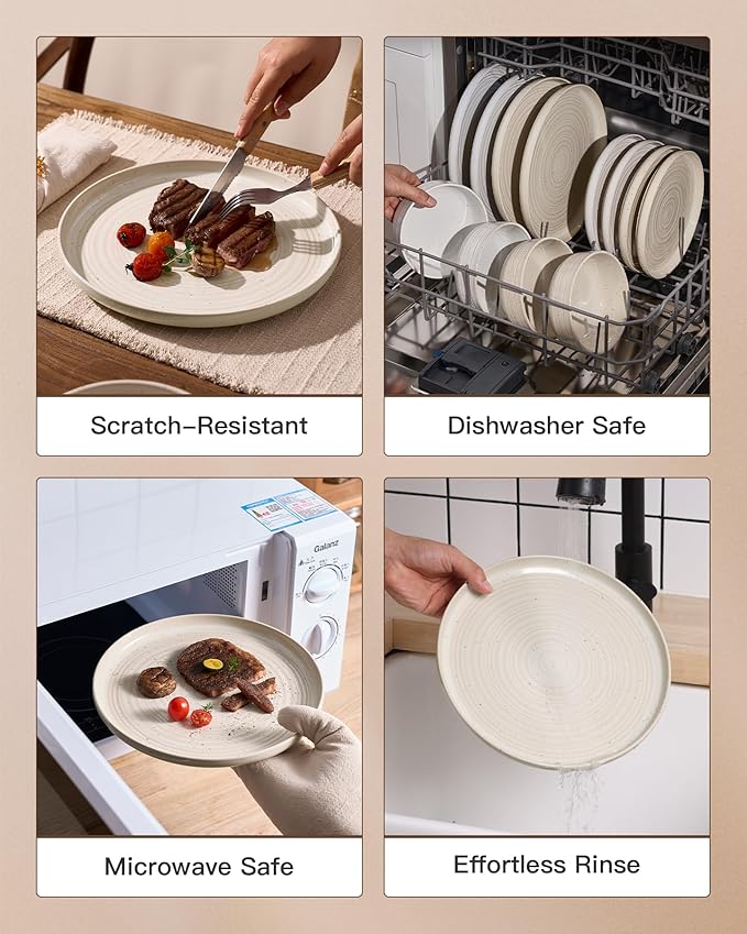 Stoneware Dinnerware Sets, Plate and Bowl Sets for 4, 12 Pieces Spiral Flared Dishware with Speckles and Reactive Glaze, Microwave Dishwasher Safe Family Tableware, Shell Beige