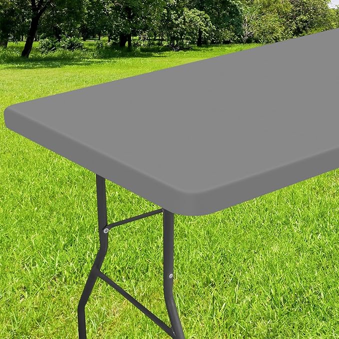 Smiry Rectangle Tablecloth, Elastic Fitted Flannel Backed Vinyl Tablecloths for 8ft Folding Tables, Waterproof Wipeable Table Covers for Indoor, Outdoor, Picnic and Camping (Grey, 36"x96")