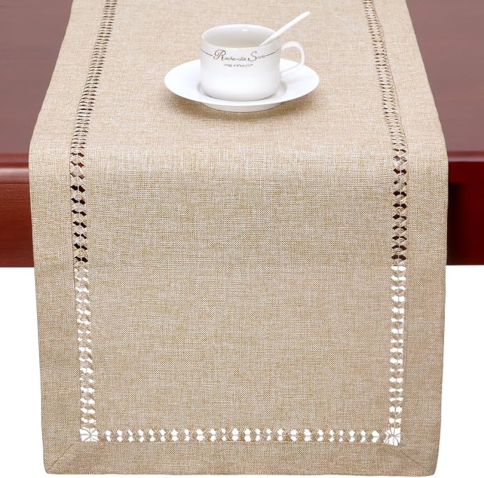 Grelucgo Large Handmade Hemstitch Beige Table Runner, Rectangular 14 by 120 Inch - Image 6