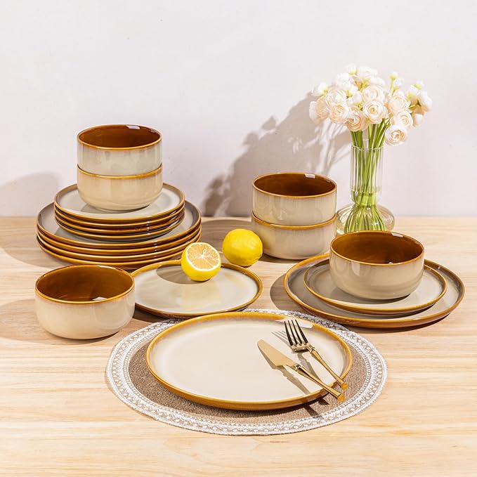 LeRatio Ceramic Dinnerware Sets for 4,12-Piece Plates and Bowls,Handmade Reactive Glaze Dishes Set,Chip Resistant and Scratch Resistant | Oven Dishwasher & Microwave Safe,Service for 4-Kahki
