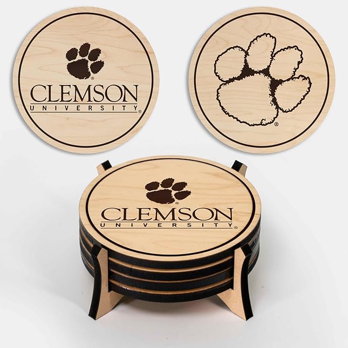 LazerEdge Clemson Tigers Wooden Coaster Set - Maple Wood - Officially Licensed Product - 4-Pack