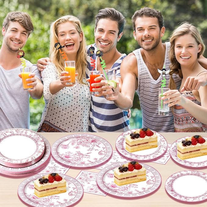 60Pcs Pink Floral Paper Plates and Napkins Party Supply, Serves 20 | Disposable - Image 6