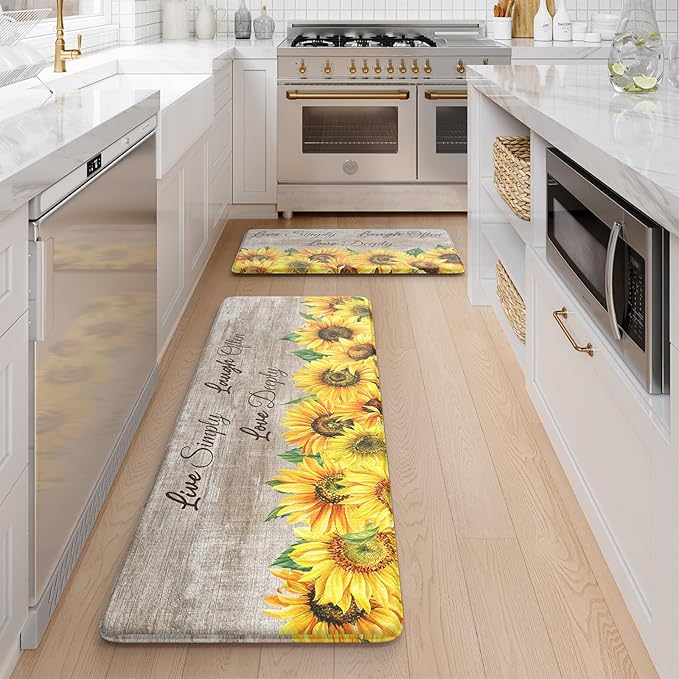KIMODE Anti Fatigue Kitchen Mat for Floor, Farmhouse Sunflower Kitchen Rugs 2 PCS, Kitchen Floor Mats Non-Slip Cushioned, Comfort Standing Mat for Sink, Laundry, Desk Brown 17"x47"+17"x29"