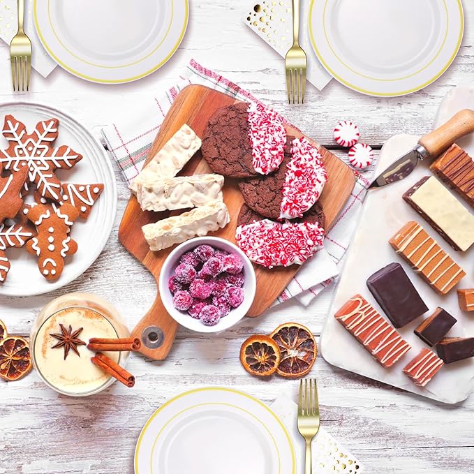 The Essential Concierge Stylish 7.5 Inch Gold Dessert Plates with Disposable Cups, Forks and Cocktail Napkins (100 Set) - White and Gold Plastic Dessert and Cake Plates for Wedding or Receptions