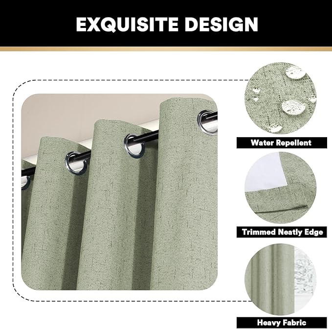 PrinceDeco Blackout Curtains for Sliding Glass Doors Linen Look Blackout Curtains for Bedroom Room Divider Sliding Glass Door Curtain for Living Room,W100 X L96 Inch, Sage