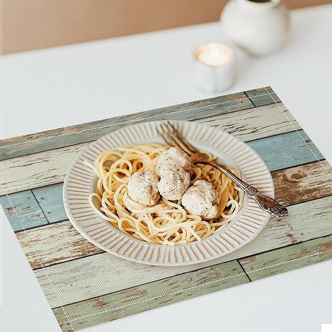Rustic Plank Placemat Set, Vintage Old Shabby Colorful Beige Green Blue Farmhouse Barn Wooden Board Pattern Home Decor Linen Table Mats for Dining Room Kitchen Party (17x12in) x6P