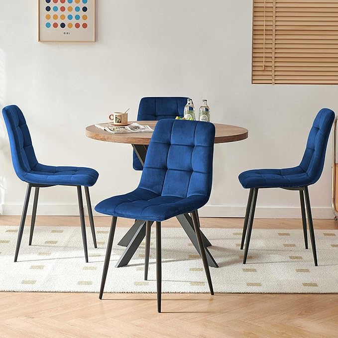 Kitchen Table Set for 4, Modern MDF Round Dining Table Set with 4 Navy Blue Dining Chairs, Upholstered Velvet Home Kitchen Chairs Armless for Space Saving