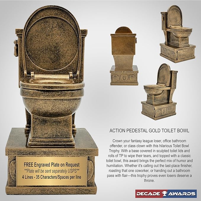 Decade Awards Action Pedestal Gold Toilet Bowl Trophy with Optional Inserts - Custom Engraved Plate On Request (7 Inch Tall)