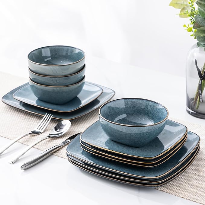 AmorArc Ceramic Dinnerware Sets for 4, 12 Pieces Square Handpainted Plates and Bowls Set, Chip and Scratch Resistant Stoneware Dishes Set, Dishwasher & Microwave Safe, Ocean Blue