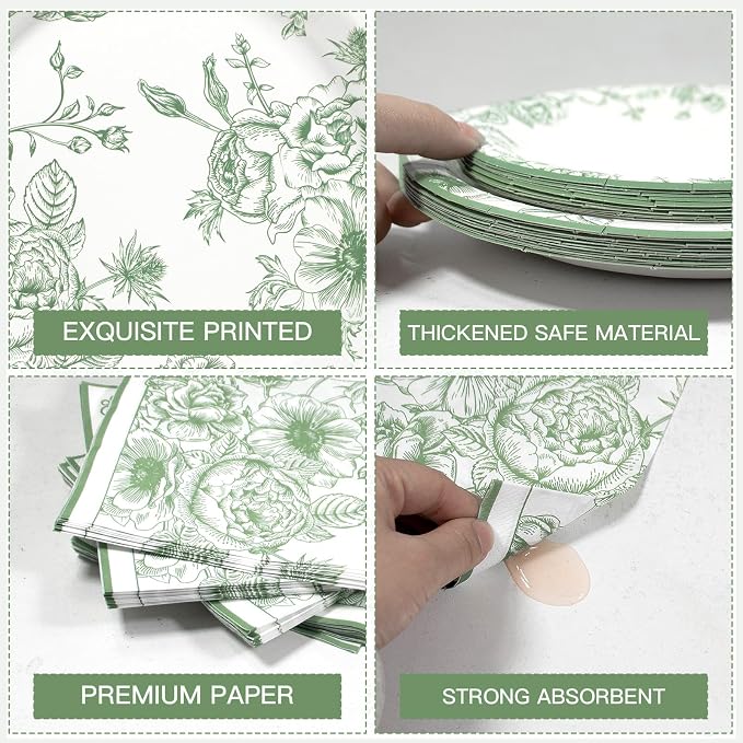 Sage Green Floral Plates and Napkins Party Supplies, Serve 60 Guests | 180pcs - Image 3